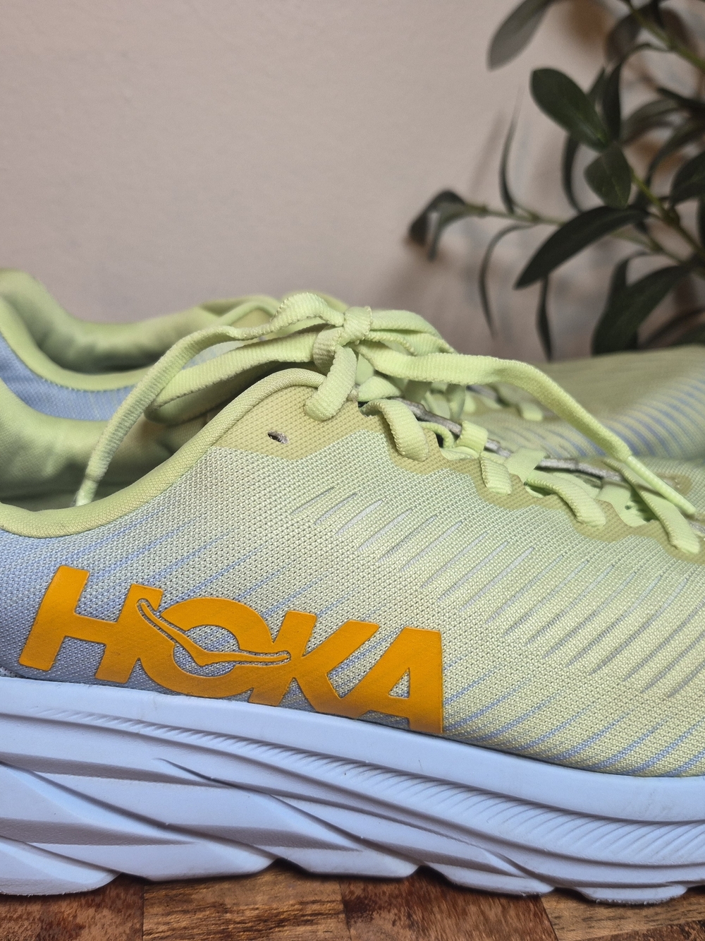 Hoka Women's Athletic Shoe in Pale Yellow with Orange Logo